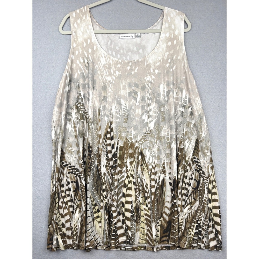 Susan Graver Liquid Knit Tank Top Womens 3X Feather Print Scoop Neck Eclectic